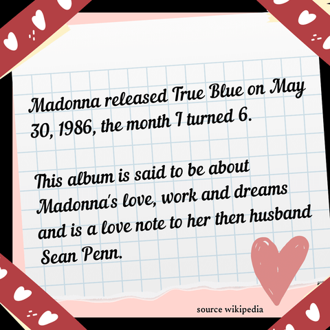 A post it note graphic with facts about the True Blue album by recording artist Madonna