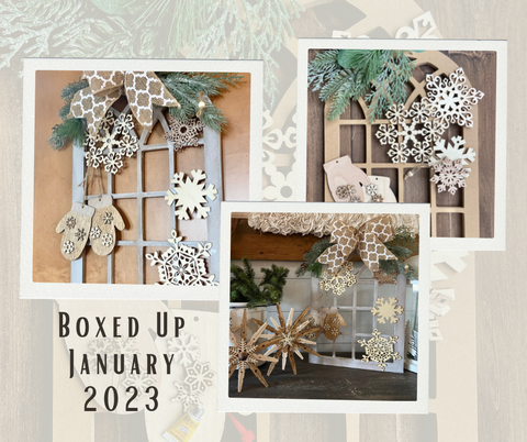 wooden window frame and snowflakes for decorating