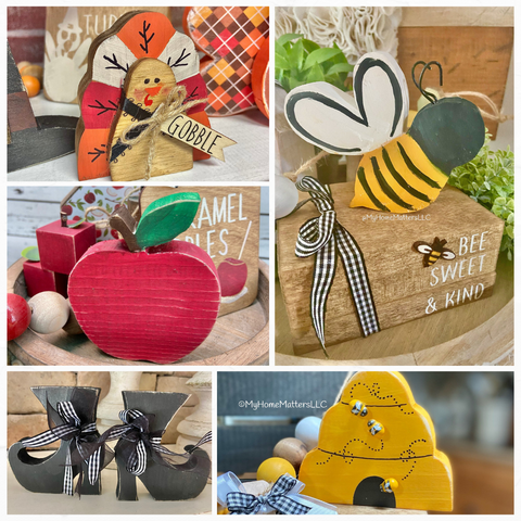collage of various shelf sitters including witches boots, bee hive, bumble bee, turkey, and apple