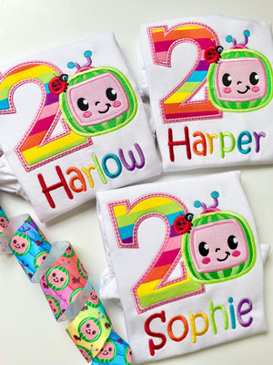 Cocomelon Birthday Shirt or bodysuit for girls in rainbow colors ANY AGE - Darling Little Bow Shop