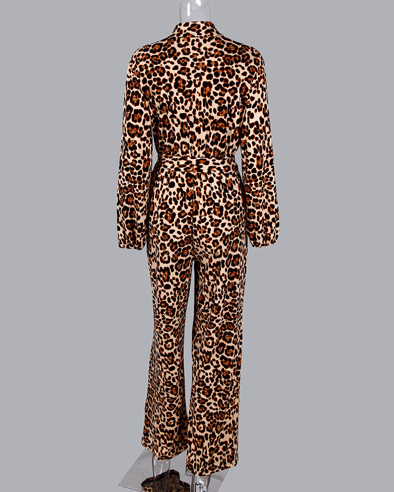 Cheetah Print Long Sleeve Pocket Design Jumpsuit | Ellebabe