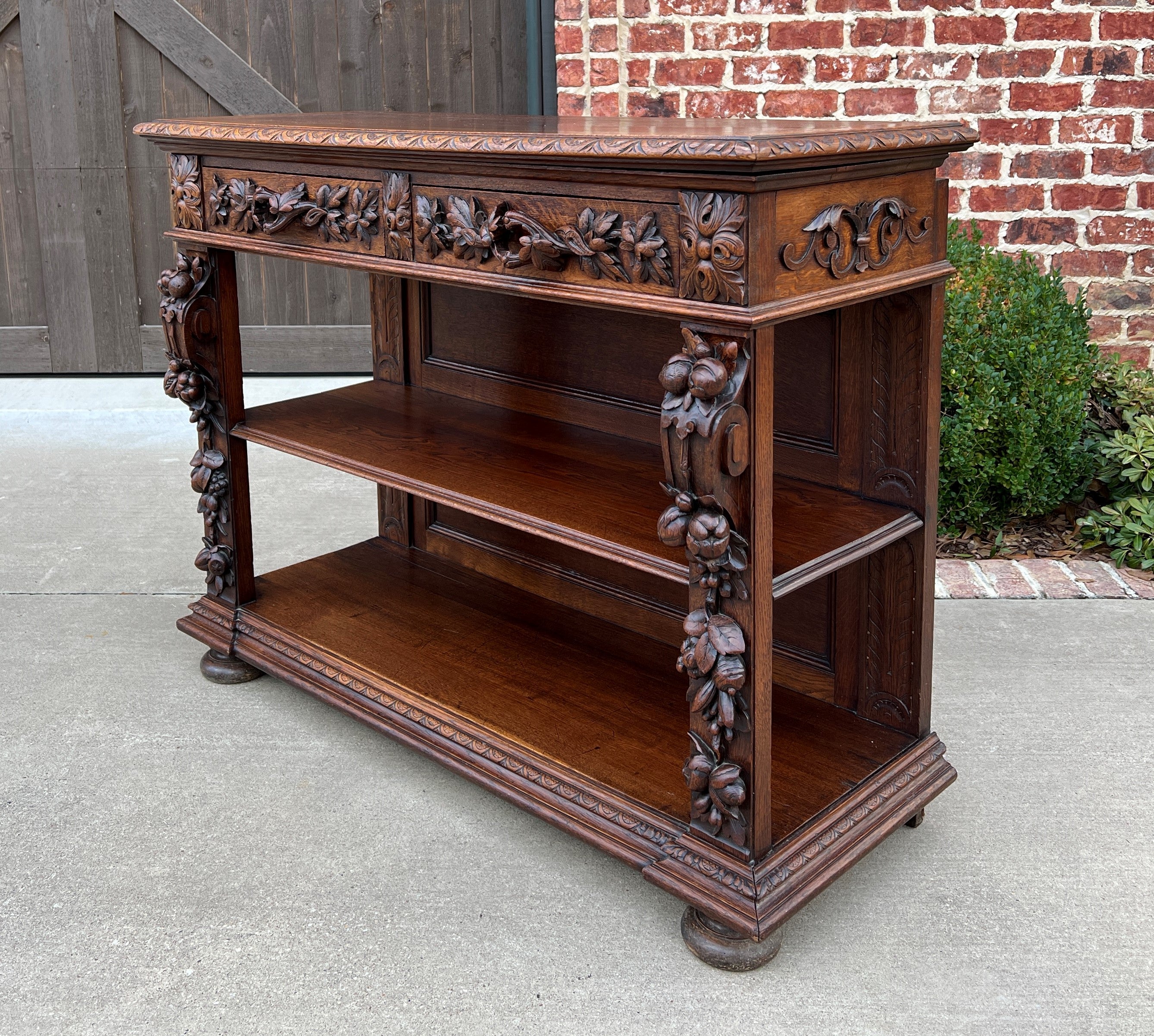 Antique French Server Sideboard Console Sofa Table 3-Tier Drawers Carved Oak 19C