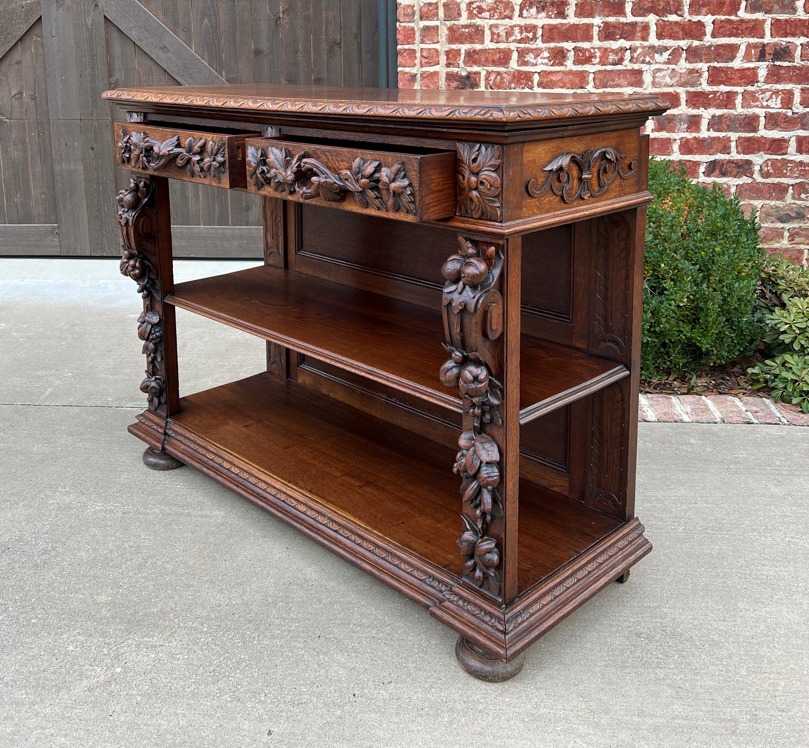 Antique French Server Sideboard Console Sofa Table 3-Tier Drawers Carved Oak 19C