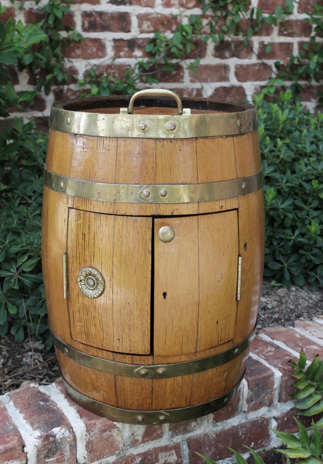 Antique English Oak Brass Banded Barrel Bar Wine Liquor Cabinet