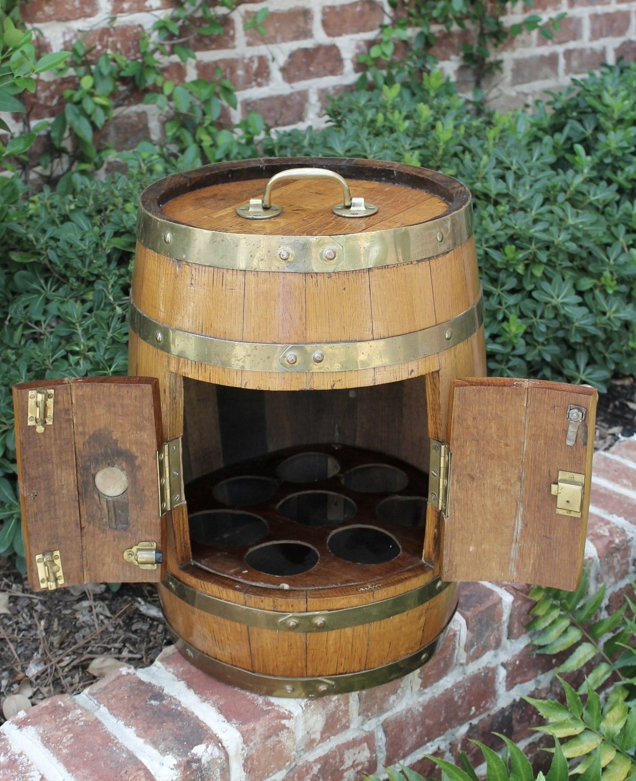 Antique English Oak Brass Banded Barrel Bar Wine Liquor Cabinet