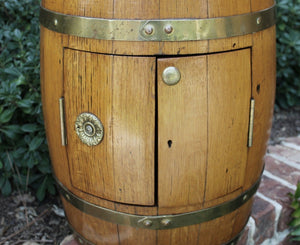 Antique English Oak Brass Banded Barrel Bar Wine Liquor Cabinet