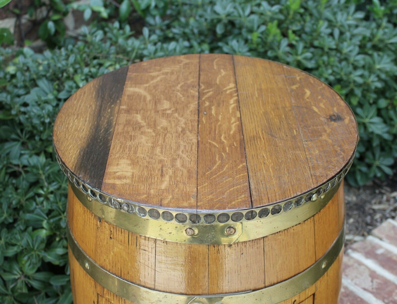 Antique English Oak Brass Banded Barrel Bar Wine Liquor Cabinet