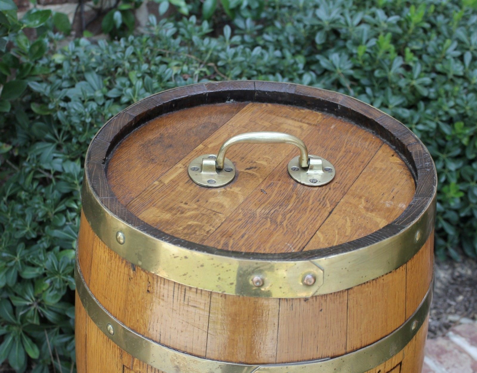 Antique English Oak Brass Banded Barrel Bar Wine Liquor Cabinet
