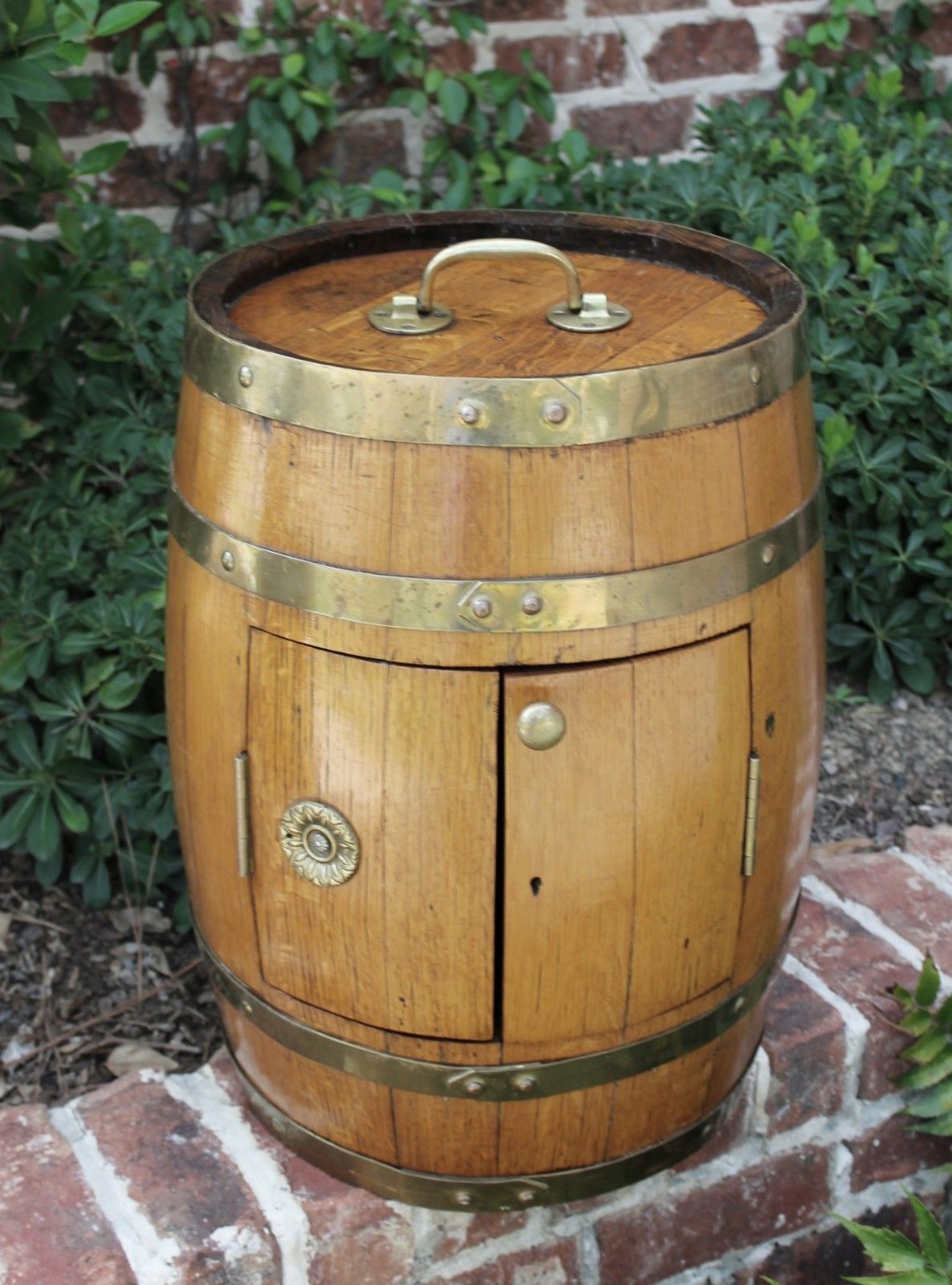 Antique English Oak Brass Banded Barrel Bar Wine Liquor Cabinet