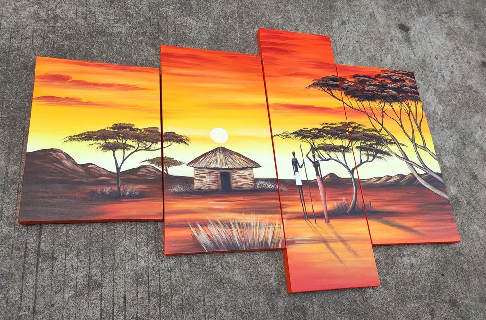 African Woman Painting, African Art, Sunset Painting,Abstract Art, 4 Piece Canvas Art, Buy Paintings Online