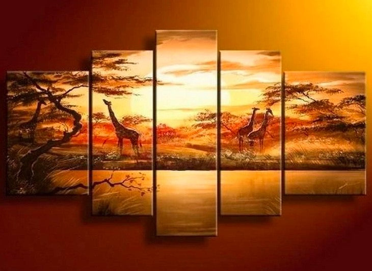 African Landscape Painting, African Painting, Sunset Painting, 5 Piece Canvas Wall Art, Living Room Wall Art Paintings
