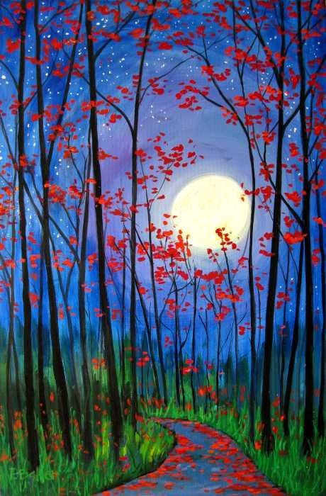 Easy Landscape Painting Ideas for Beginners, Forest Tree Painting Ideas, Beautiful Landscape Paintings, Moon Painting
