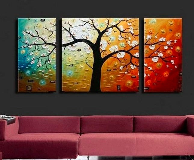 3 Piece Painting, 3 Piece Wall Art, 3 Piece Canvas Painting, Flower Tree Painting