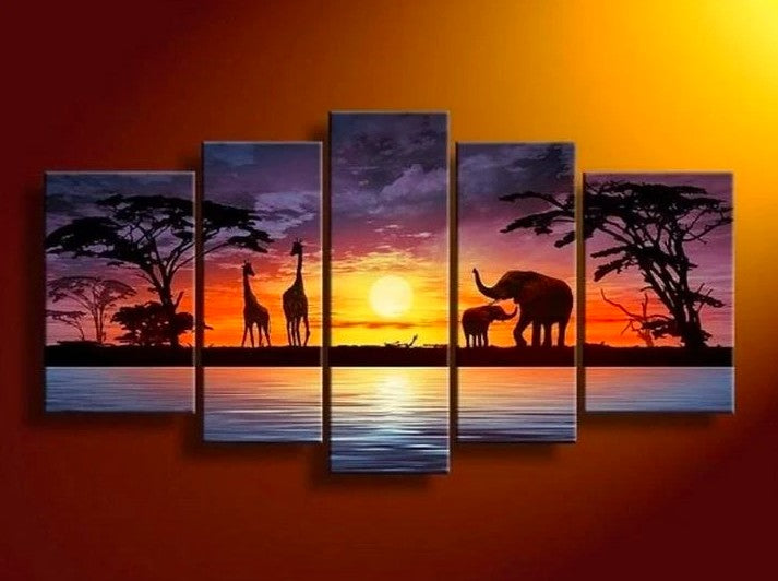 African Painting, 5 Piece Wall Art Paintings, Living Room Canvas Painting, African Landscape Painting, Sunset Painting
