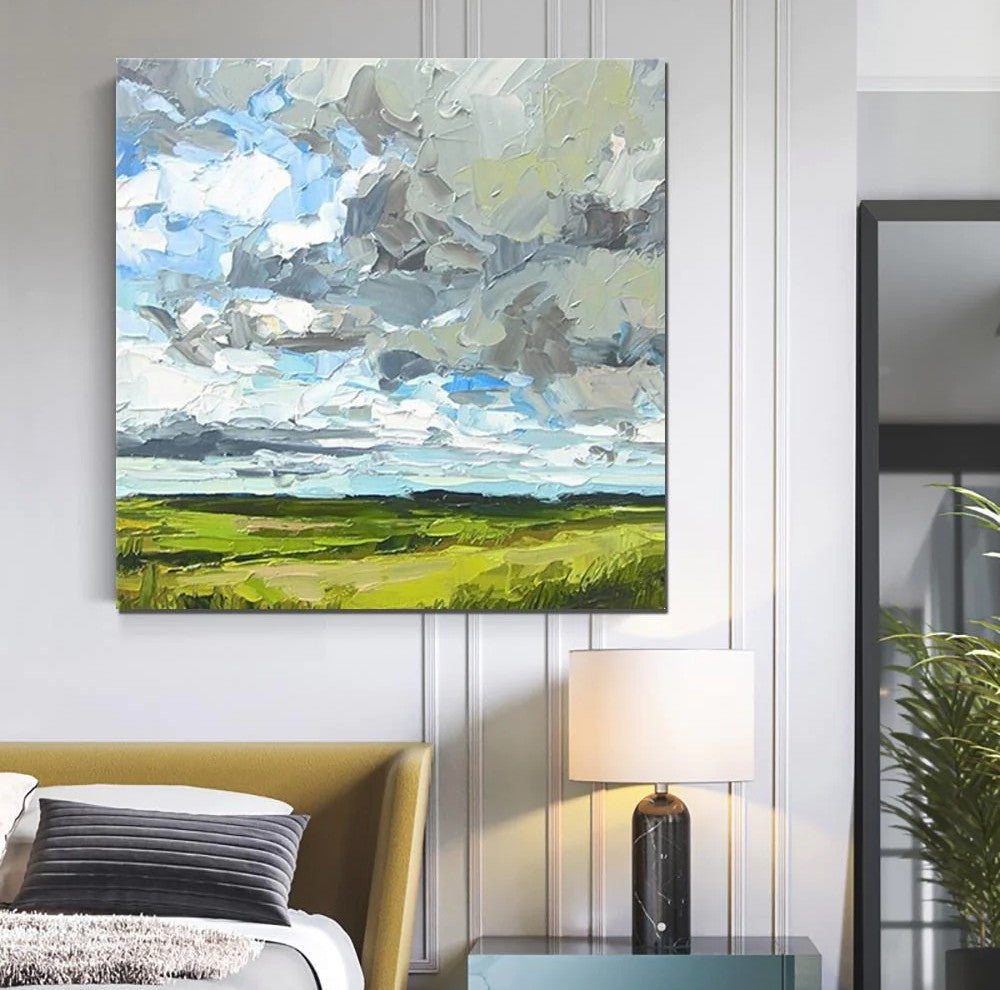 Abstract Landscape Painting, Grass Land under Sky Painting, Large Acrylic Paintings for Bedroom, Heavy Texture Canvas Art, Landscape Paintings for Living Room