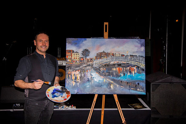London Irish Centre Gala Dinner Stephen Whalley Live Painting in London finished Artwork of the Ha'Penny Bridge Dublin