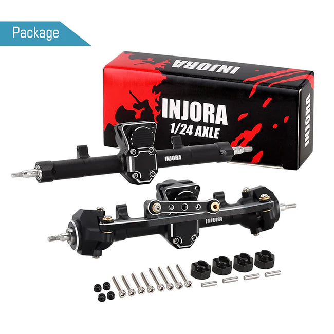 INJORA Black Aluminum Front & Rear Axles Set for Axial SCX24 (SCX24-123FR)