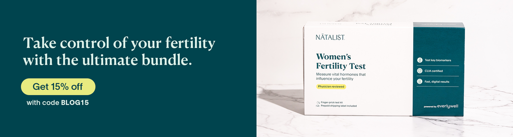 Natalist call to action featuring women's fertility hormone test and coupon code