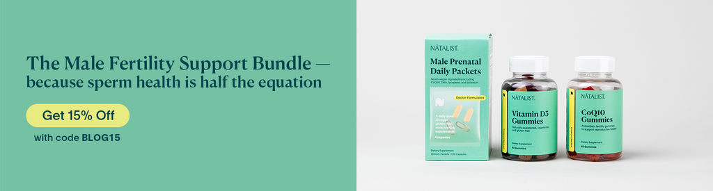 Natalist call to action featuring male fertility support bundle supplements and promo code