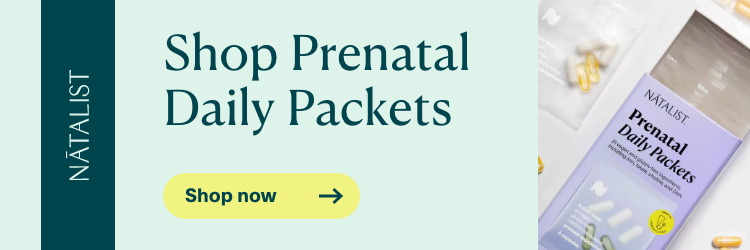 Natalist call to action featuring open box of prenatal daily packets