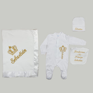 Pajama, Bib, Beanie, Blanket (White Set, Gold Thread, Crown)