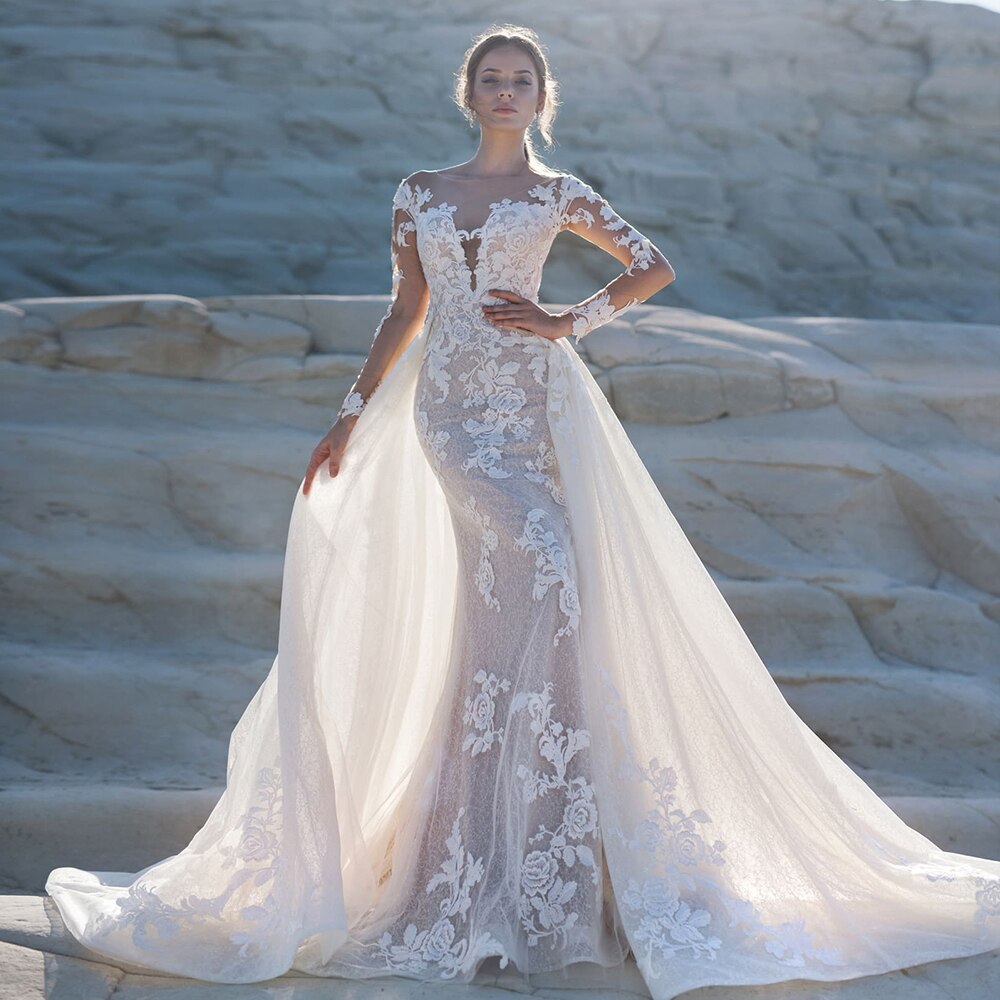 long sleeve wedding dress with detachable train