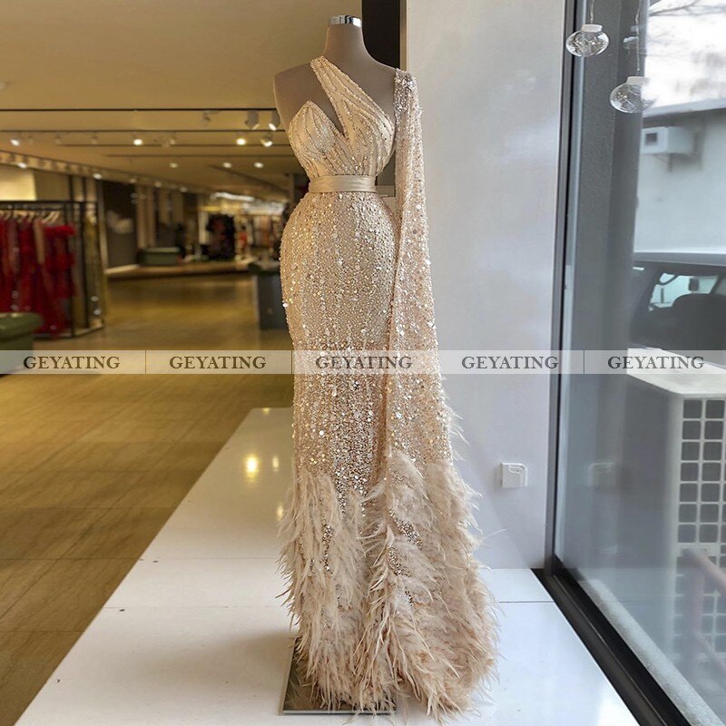 LG406 One Shoulder Feather Mermaid Evening Dress With Cape ...