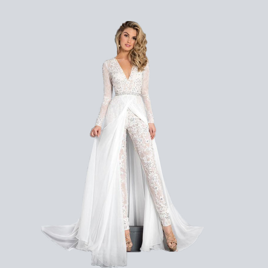 PD19 Classy lace Bridal Jumpsuits dress with sweep train - Nirvanafourteen