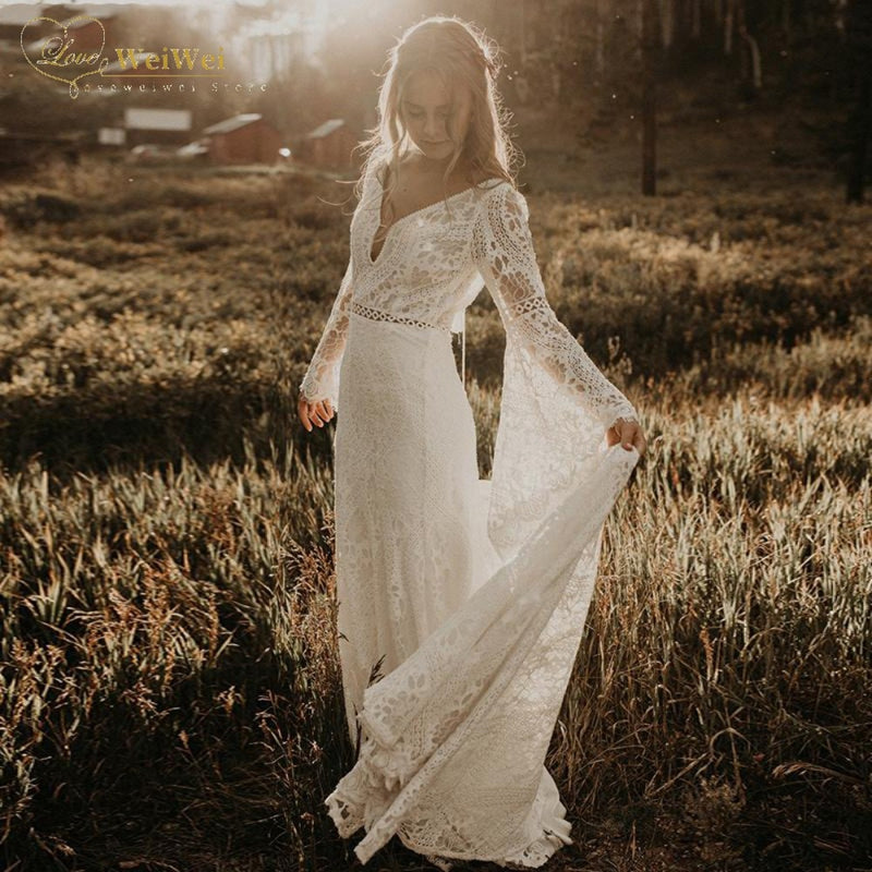 CW746 Full lace Flare sleeves Bohemian Wedding Dress - Nirvanafourteen