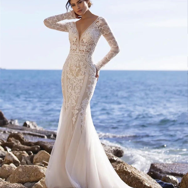 CW535 Gorgeous V-Neck Long Sleeve Lace mermaid wedding dress ...