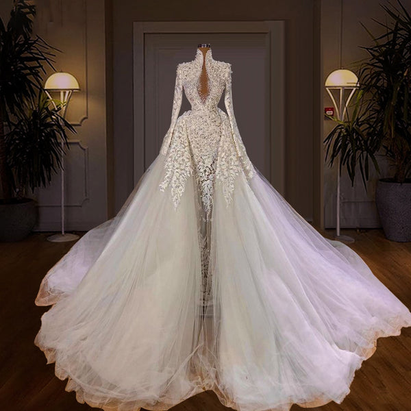 HW333 Pearl beaded Mermaid Wedding Dress with Detachable Train ...