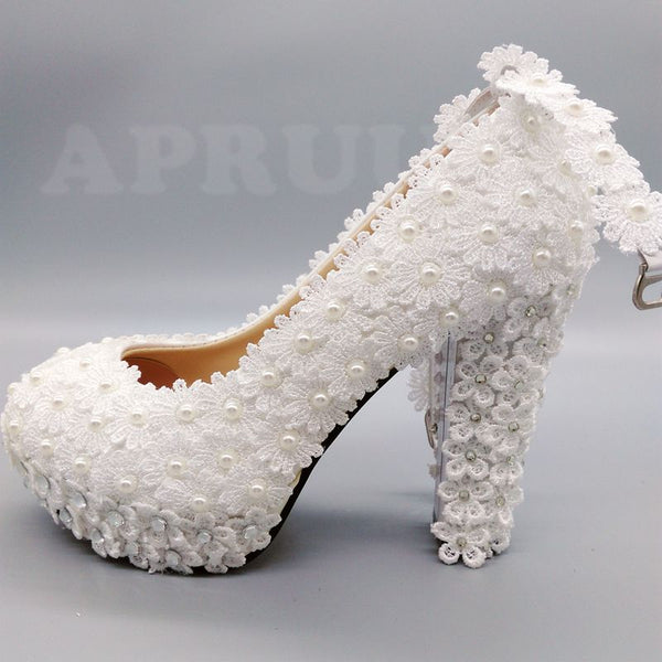 BS153 ivory lace pearls wedding shoes - Nirvanafourteen