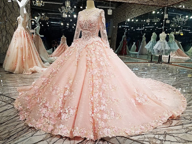 CG87 Arabic long sleeve Pink 3D flowers embroidery Wedding Dress ...