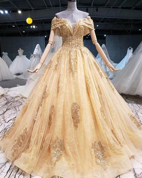 CG153 Real Photo golden off-shoulder Wedding Gown - Nirvanafourteen