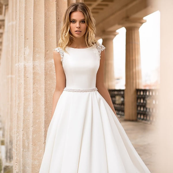 CW231 Simple Satin Cap Sleeves A-line Wedding Dress - Nirvanafourteen
