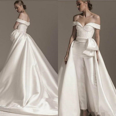 PD49 Off the shoulder Wedding Jumpsuit with detachable train ...