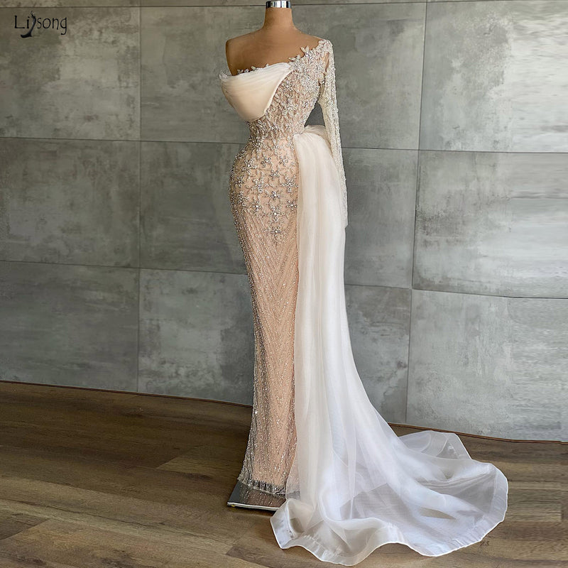 CW534 Champagne One Shoulder Crystal beaded Wedding Gowns - Nirvanafourteen