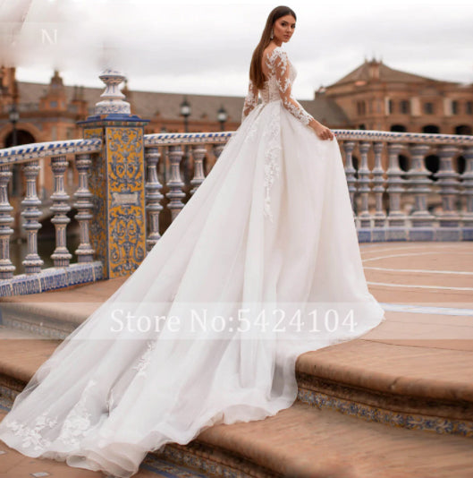 HW222 Elegant Scoop Neck Full Sleeve Tulle A-Line Bridal Dress ...