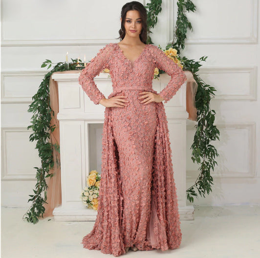 LG187 Blush Pink long sleeves flowers Evening Dress with overskirt ...