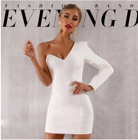 white one shoulder dress long sleeve