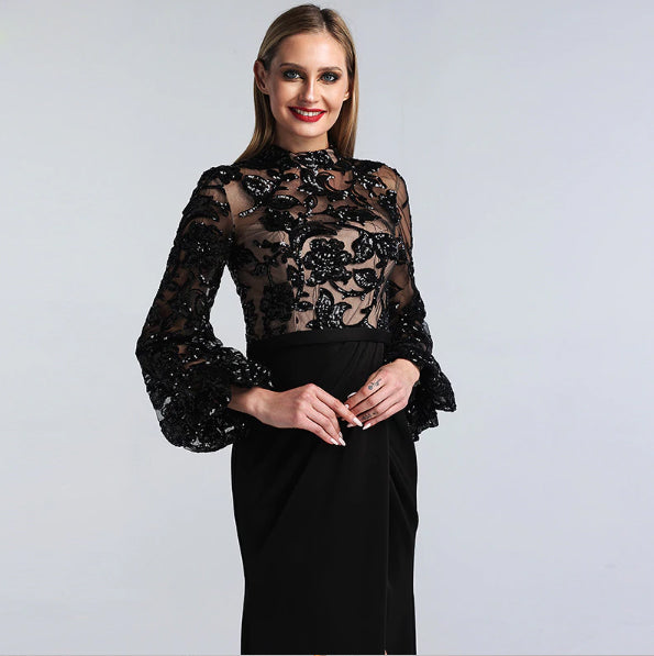 LG260 Black High Collar Sequined Evening Dresses - Nirvanafourteen