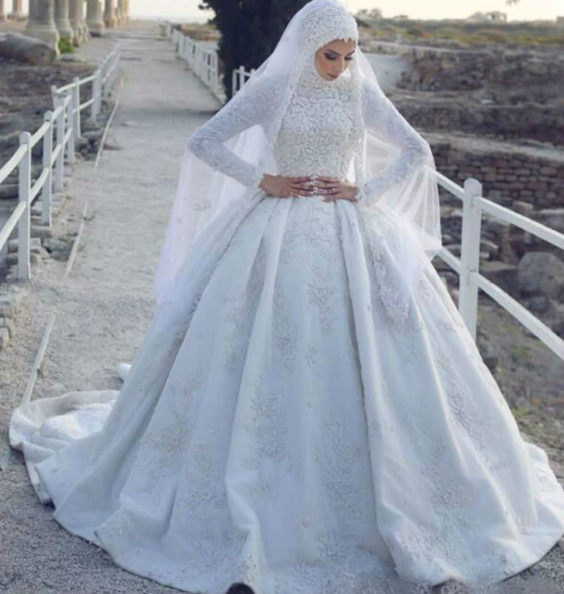 CW342 High neck lace Muslim Wedding Dress with hijab - Nirvanafourteen