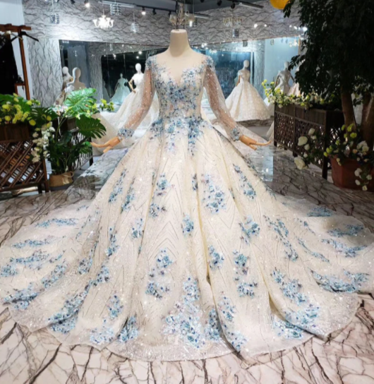 CG143 Real Photo long sleeve 3d flower beaded Ball gowns (2 Colors ...