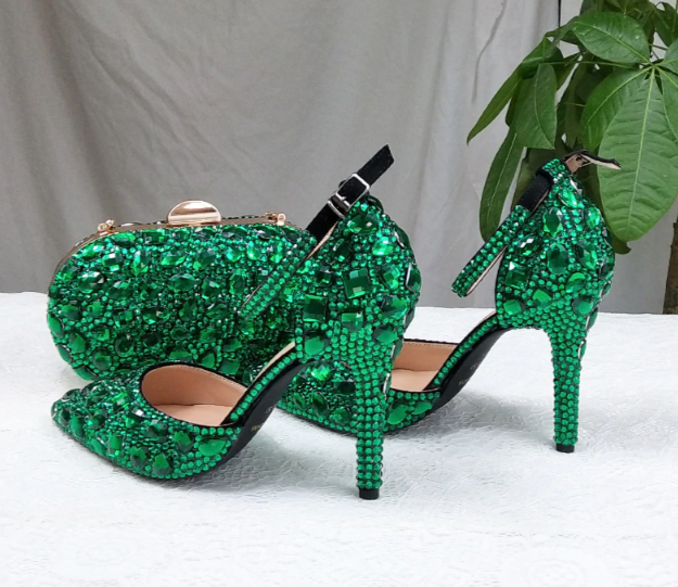 BS72 Green Crystal Wedding shoes with matching clutch bag - Nirvanafourteen