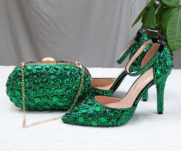 BS72 Green Crystal Wedding shoes , matching clutch bag - Nirvanafourteen