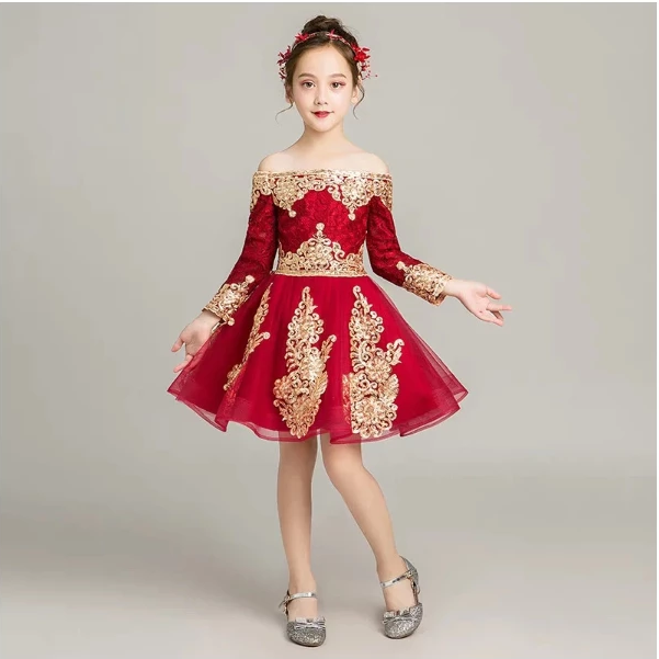 FG159 Red Wine Shoulderless Embroidery Lace Girl Dresses(3 Styles ...
