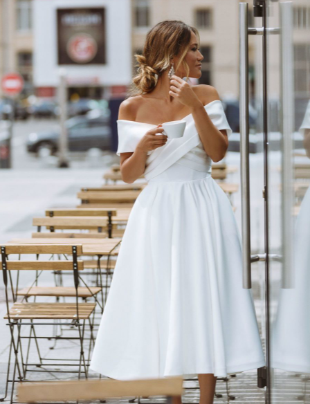 SS99 Simple off the shoulder Tea-length Wedding Dress - Nirvanafourteen
