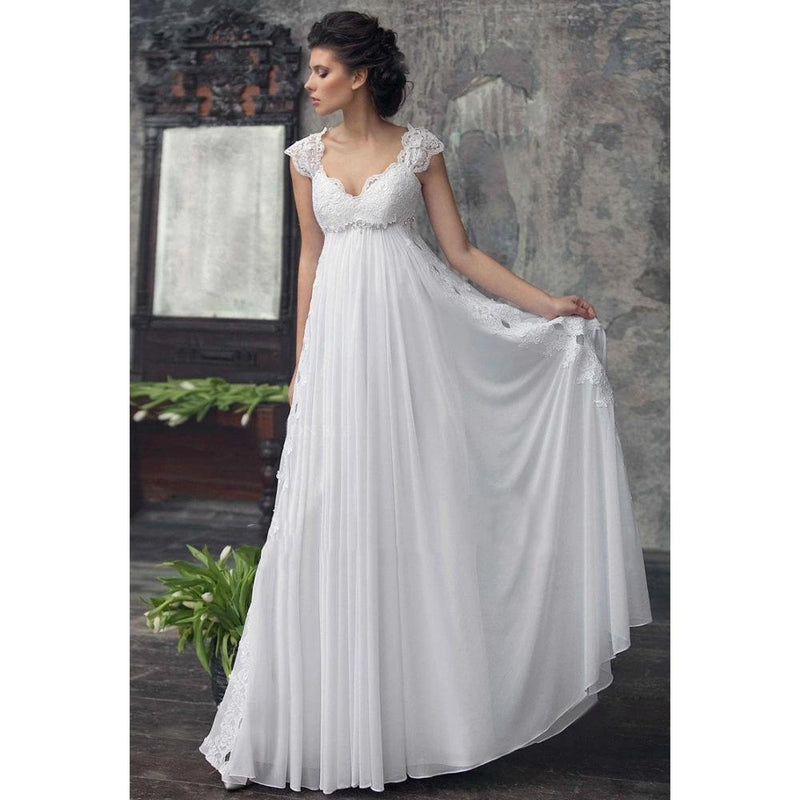 CW271 Simple lace chiffon high waist Boho Wedding dress - Nirvanafourteen