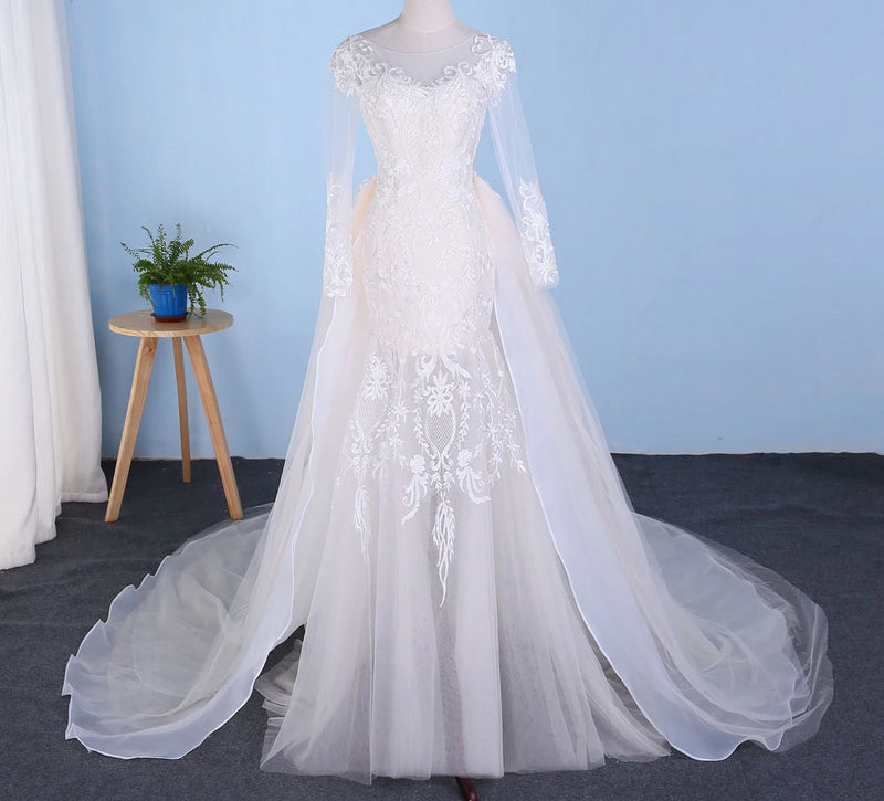 2in1 Champagne long sleeve Mermaid Wedding Dress with Detachable Train ...