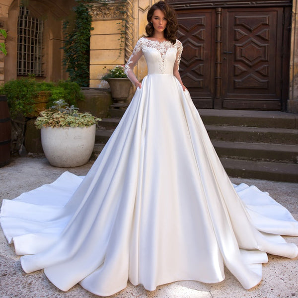 HW302 High end long sleeves matte satin A-line Wedding Gown ...
